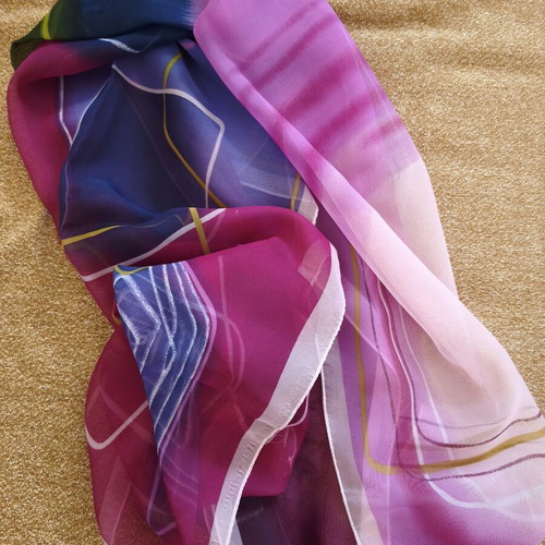 Scarf like new, airy with fuchsia, purple and blue shades