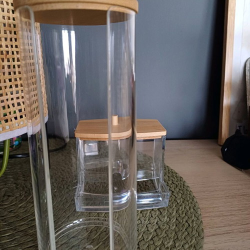 Set of containers for makeup remover pads and cotton swabs like new, acrylic and bamboo