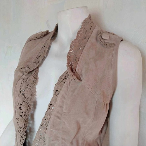 Vintage French long women's leather vest with lace and belt used