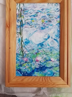 Water Lilies painting with wooden frame, acrylic