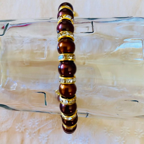 Brown glass pearl bracelet with gold rhinestone spacers new