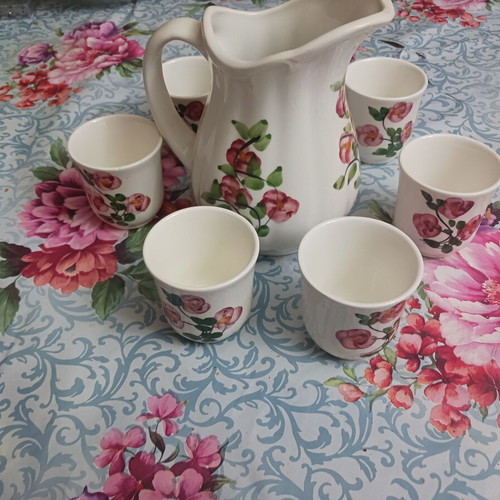 Porcelain set 6 glasses and 1 jug floral design like new