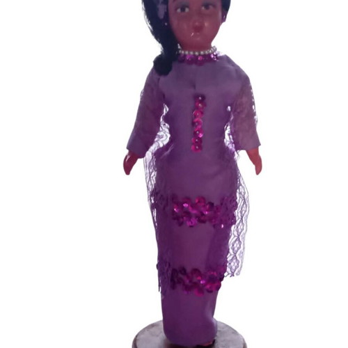 Doll with purple sequin dress used, approx. 24 cm