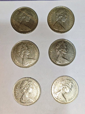 Elizabeth coins used, pack of 6 with rare 1970 piece