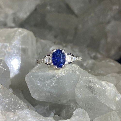 Handmade silver ring with natural blue sapphire and moissanites, size 17mm