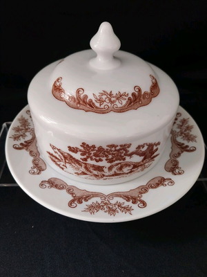 Vintage Bohemian Czechoslovakia "Brown Henriette" Pattern Round Butter Dish with Lid