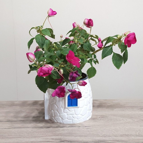 3D Printed Stone House Planter with Blue Door, New Greek Decor