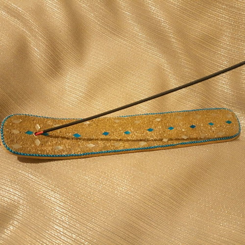 Handcarved wooden incense holder with colorful beads and mirrors like new