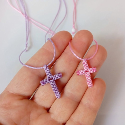 Macrame cross necklace in pink or purple