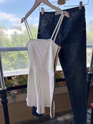 Bershka cotton playsuit and high-waist skinny jeans set like new