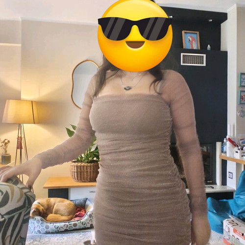 Elastic dress like new with see through sleeves, beige gold