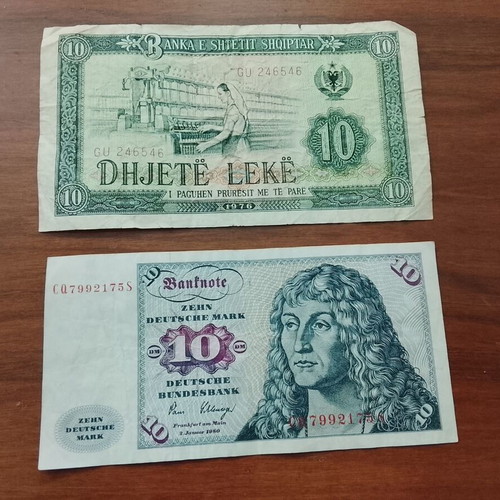 Albanian 10 Lek and German 1980 Mark banknotes used