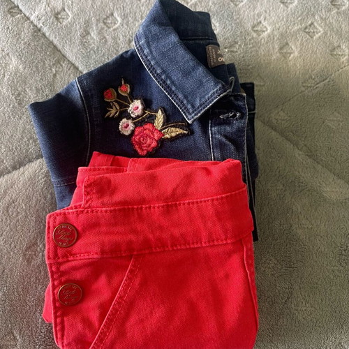 Children's clothing set like new, coral dress and embroidered denim jacket
