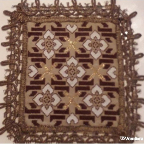 Vintage handmade table linens used, set of two, earth tones with gold thread