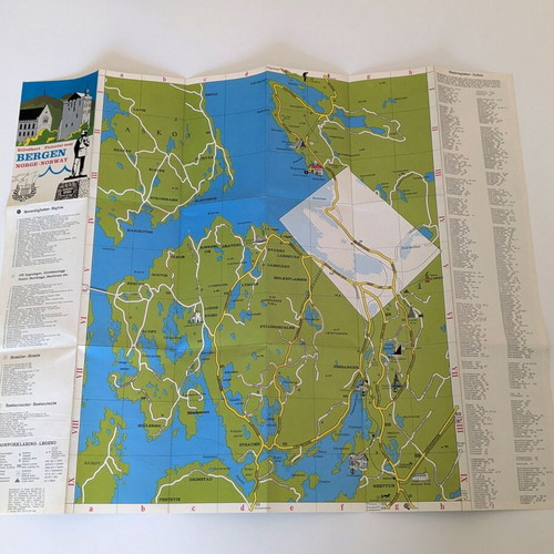 Vintage Pictorial Map Bergen Norway 1974 used