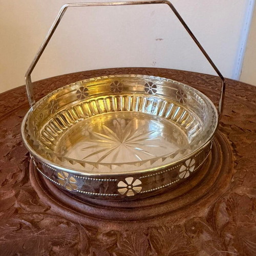 Vintage metal serving bowl with glass insert, like new, 1960s–1970s
