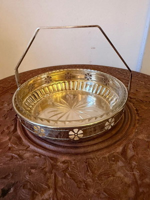 Vintage metal serving bowl with glass insert, like new, 1960s–1970s