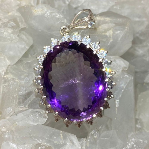 Silver pendant with large cut natural amethyst stone and moissanites, new