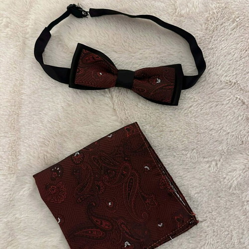 Men's set bow tie and pocket square burgundy like new with paisley design
