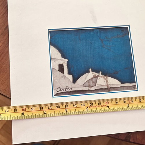 Silk paintings by Anthi Chatzinikolaou new, set of 4 with island blue theme