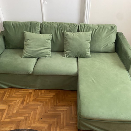 Velvet green sofa, three-seater