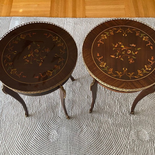 Louis Kenz round coffee tables used, marquetry, set of 2