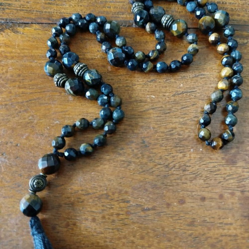 Blue Tiger Eye Malas Necklace like new with bronze elements, 80 cm
