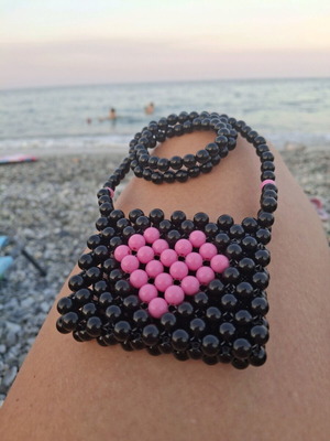 NeckBag handmade beaded necklace in black and pink