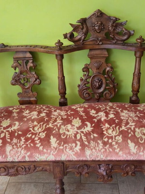 Carved antique sofa used with velvet fabric 19th century