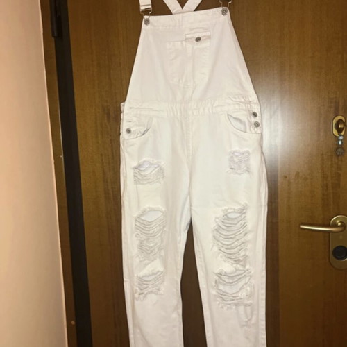 White denim jumpsuit with rips used, Y2K summer style