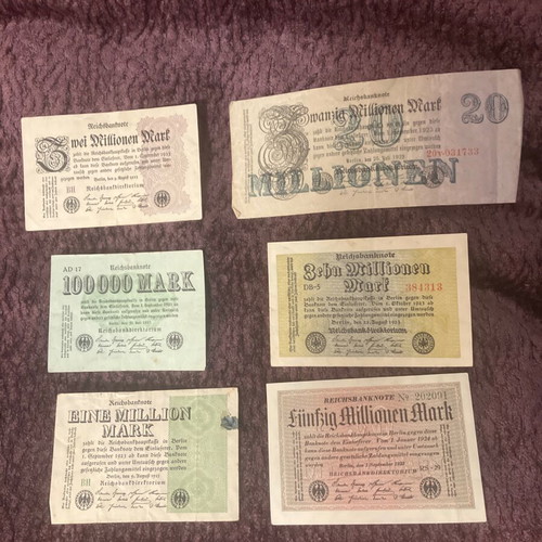 German Weimar banknotes used, set of 6, inflation period