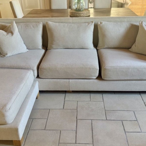 COCO-MAT luxury sofa and ottoman, beige chenille upholstery