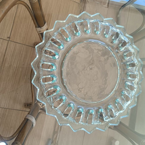 Vintage pressed glass serving platter with sunray design