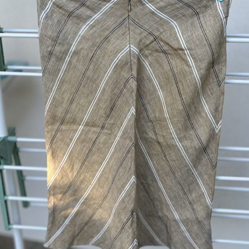 Knee-length skirt, linen fabric, beige, zipper back, size M