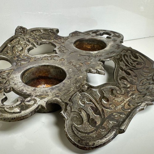 Antique double iron desk inkwell with baroque decoration