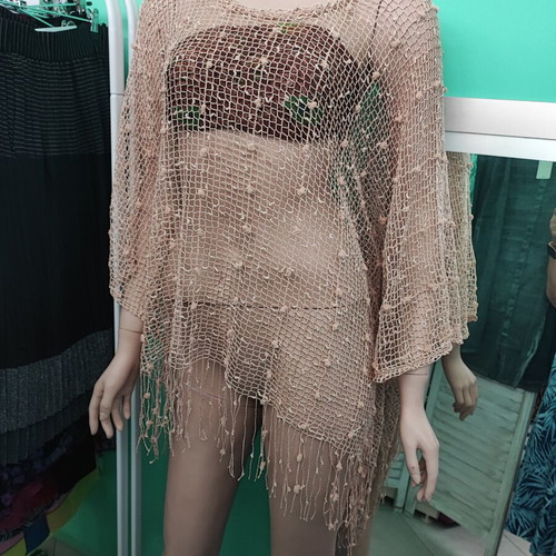 Rima Beachwear beige net kaftan with fringes, 160cm