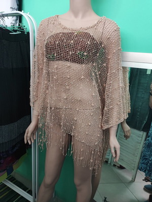 Rima Beachwear beige net kaftan with fringes, 160cm