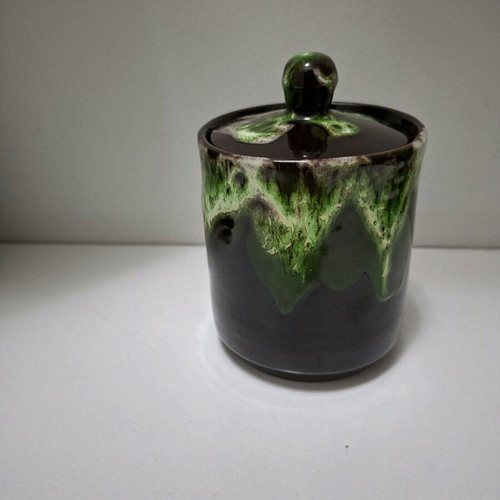 Vintage Vallauris ceramic tea set 1960s like new, brown-green lava glaze