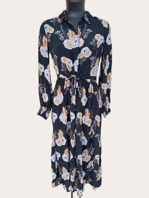 Pieces spring floral dress long black with waist belt, new, size S