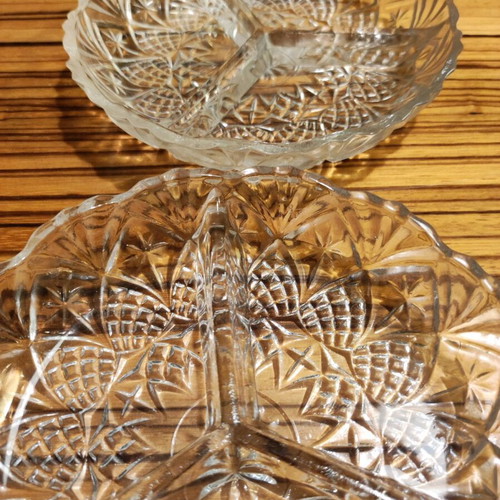 Carved crystal nut plates set of 2 like new, with 3 compartments