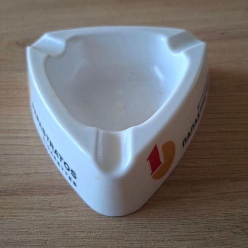 Vintage Papastratos Cigarettes Ashtray used, triangular ceramic