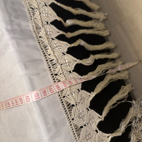 White table runner with woven design and handmade lace fringe, new