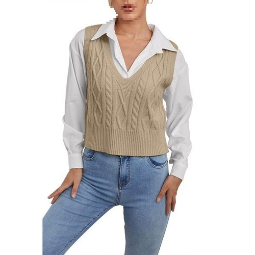 Women's knitted vest with V-neck, khaki, size S