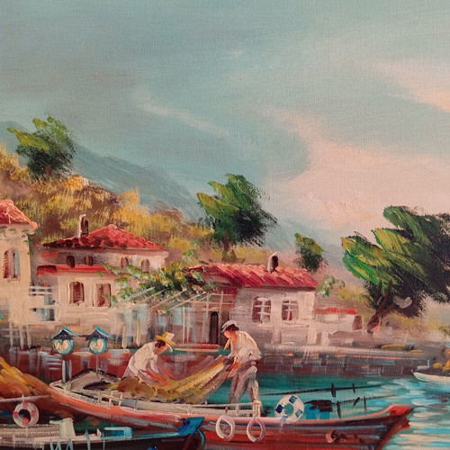 Oil Painting on Canvas by Nikos Papadopoulos, Like New, Island Theme