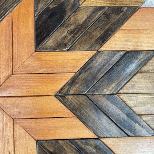 Handmade wooden wall art with geometric Aztec design Ø53 cm