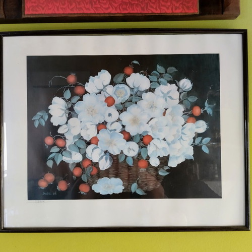 Decorative framed painting with white flowers
