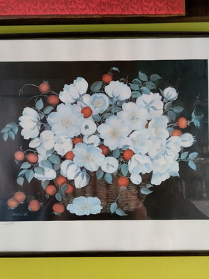 Decorative framed painting with white flowers