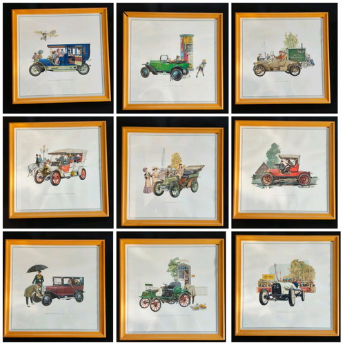 Collection of art prints with classic Opel car illustrations like new, 9 pcs