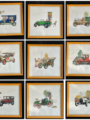 Collection of art prints with classic Opel car illustrations like new, 9 pcs