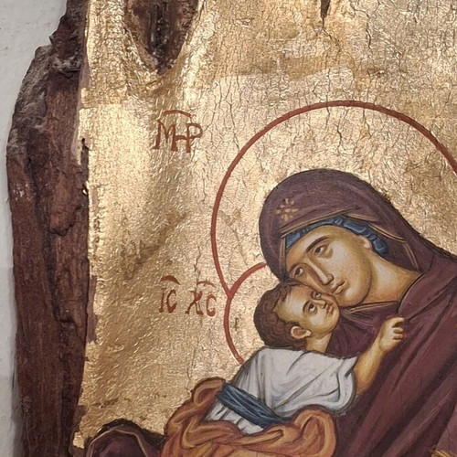 Vintage 1990s Greek Orthodox icon of Panagia with Christ on natural pine wood